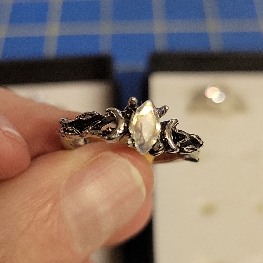 Diamond Faux Solitaire Antique Silver Tone Ring Size 7.5